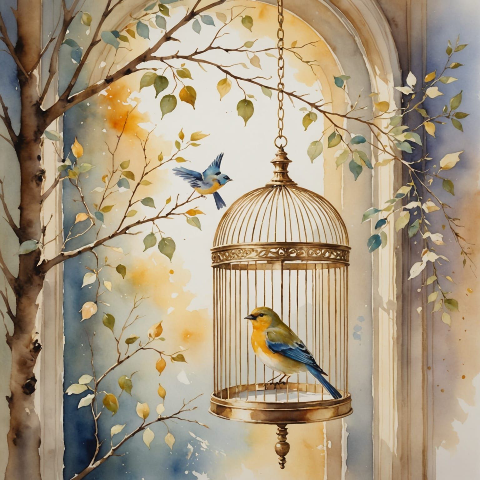 Elegant Birdcage with Songbird in Watercolor Style
