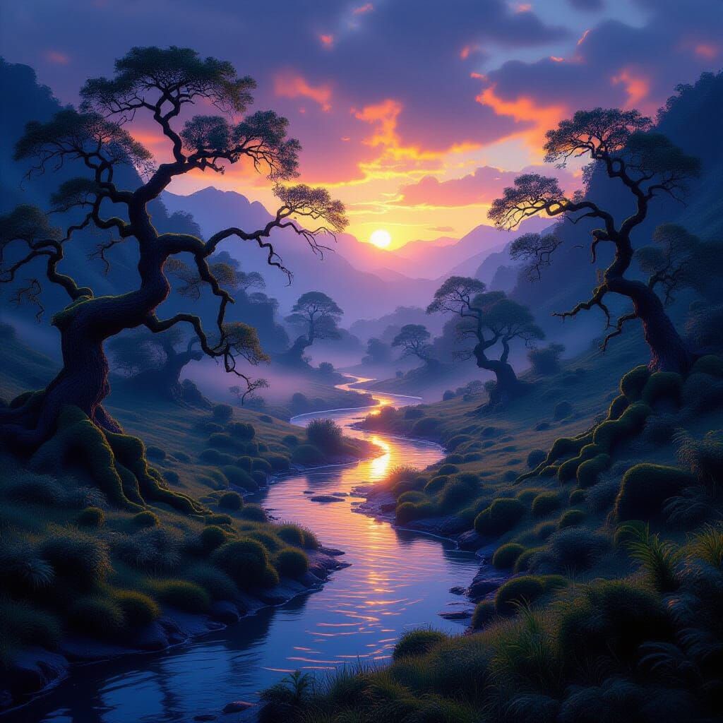 Golden Hour Landscape with Ancient Trees and Misty River