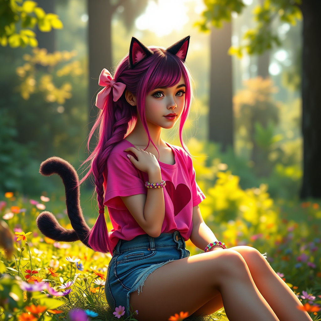 Teenage Girl with Pink Hair in Lush Forest