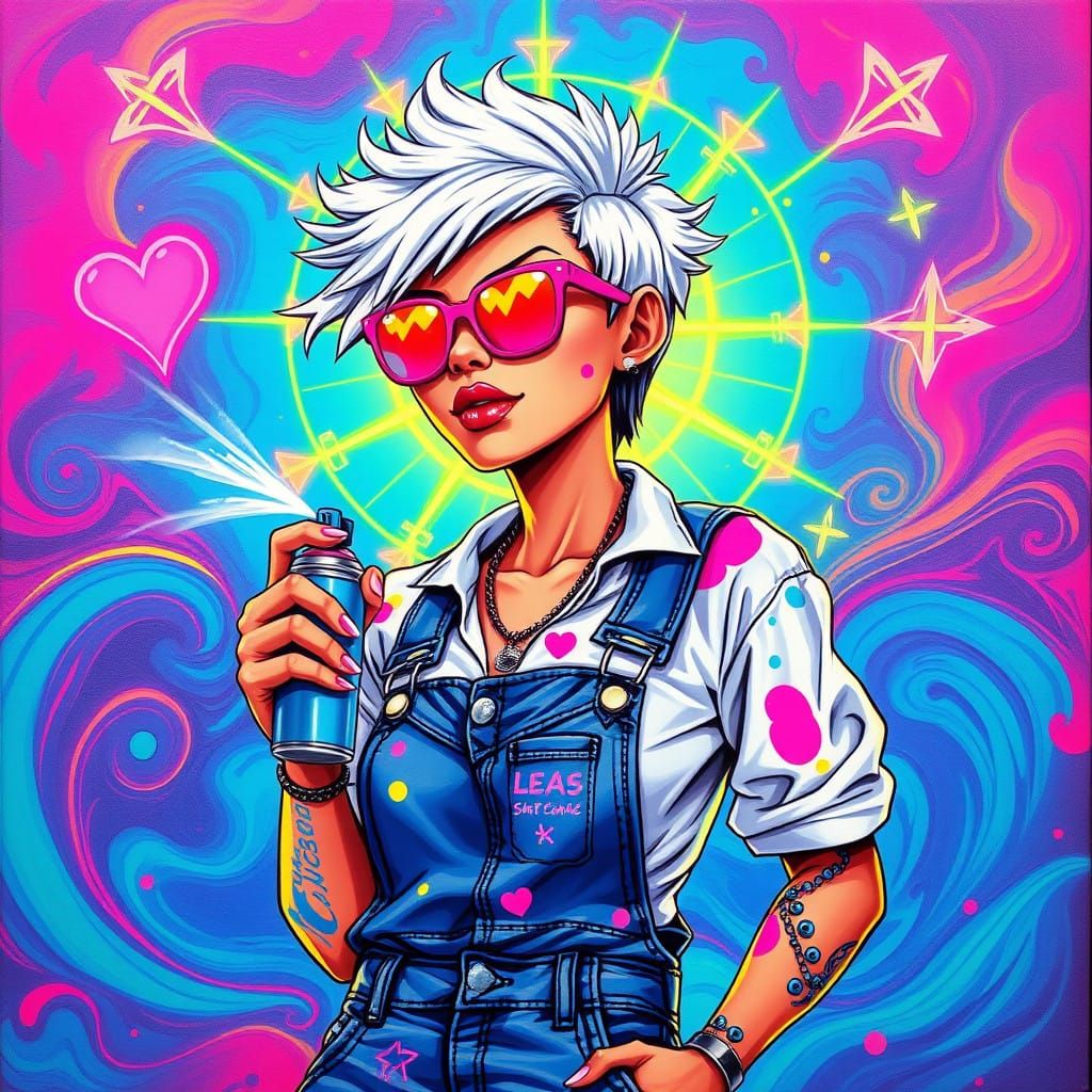 Vibrant Street Art Goddess in Distressed Denim