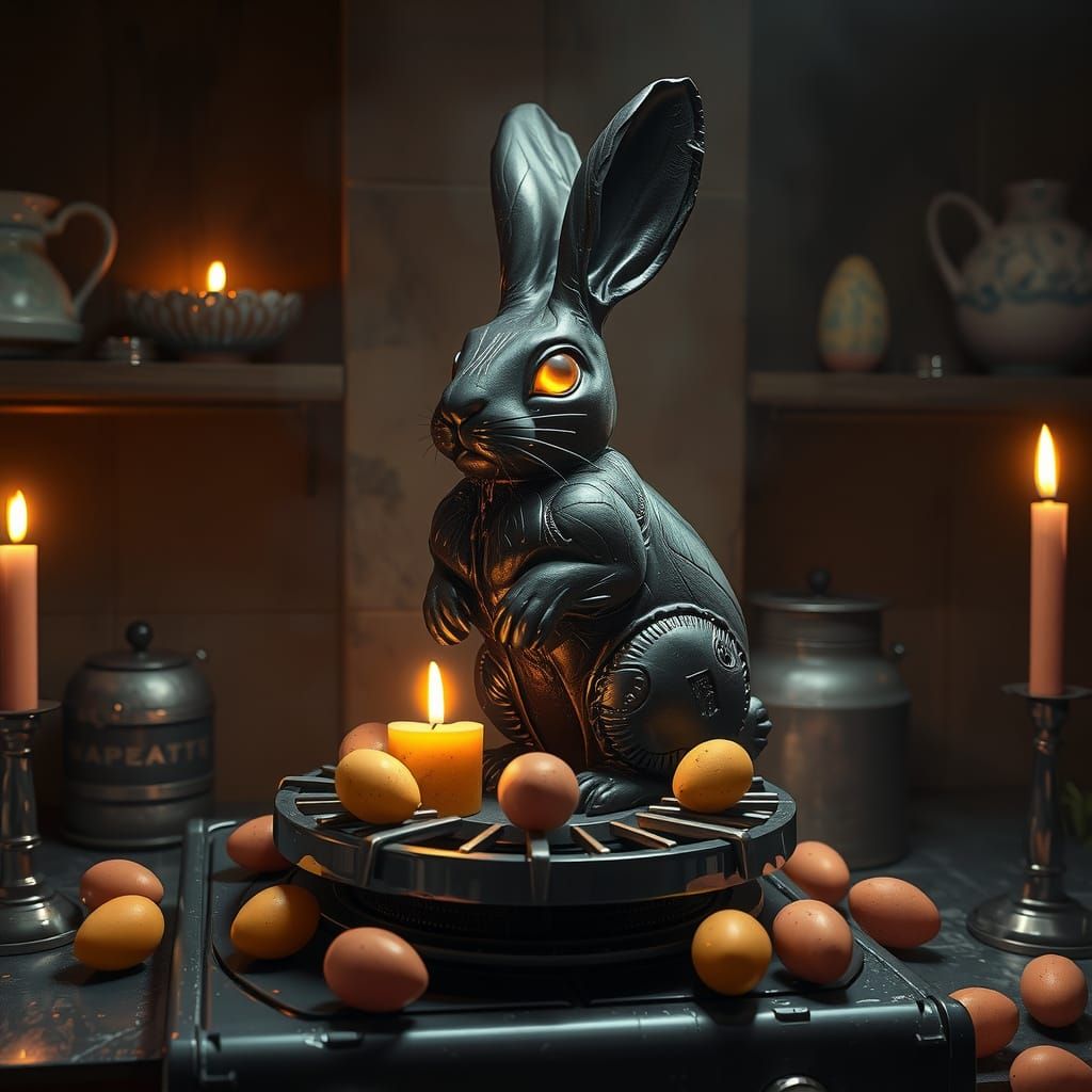 Majestic Dark Chocolate Easter Bunny in Haunting Biomechanic...