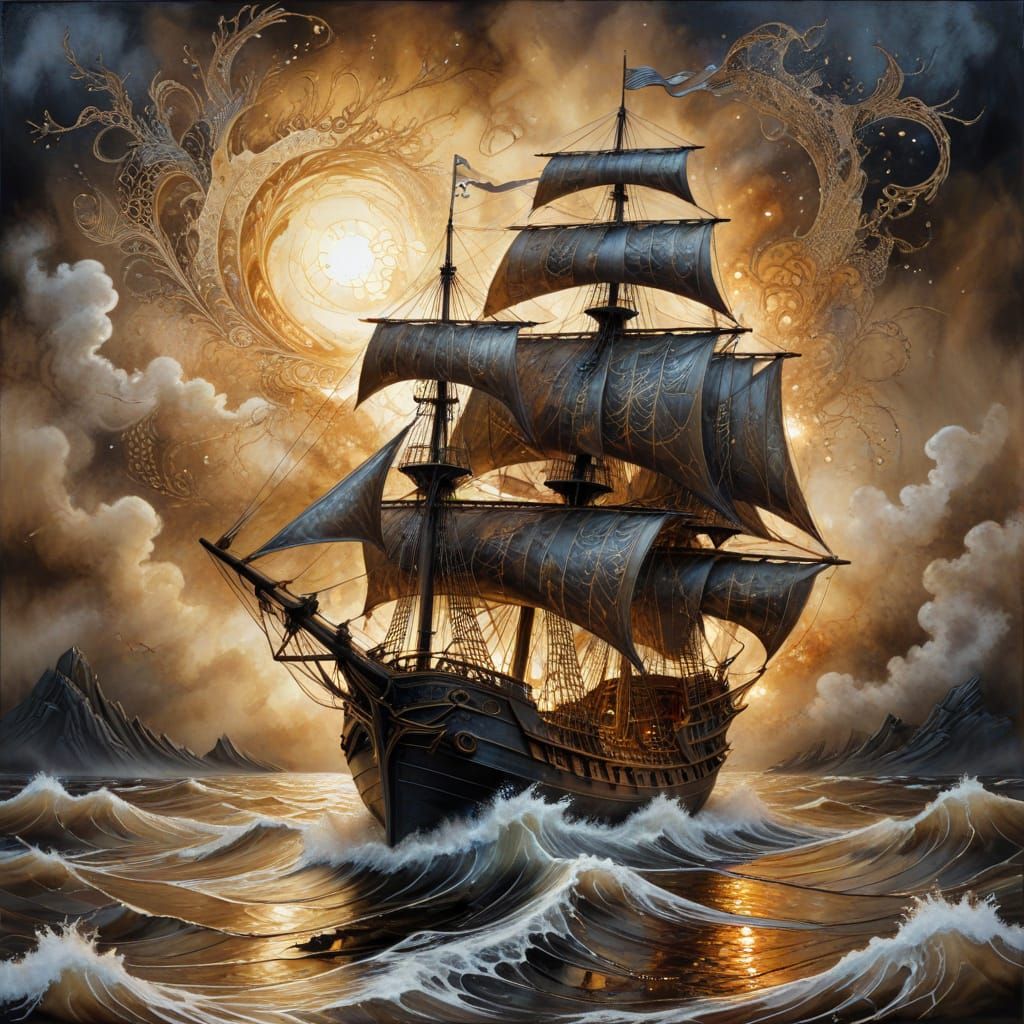 Ethereal Frigate on Stormy Sea in Sepia Tones