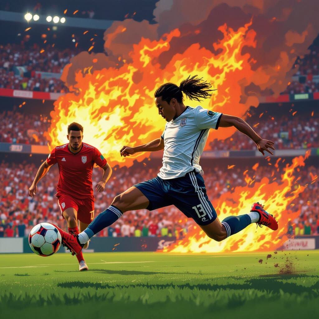 Soccer Player Kicks Ball Amidst Flaming Pitch Invader