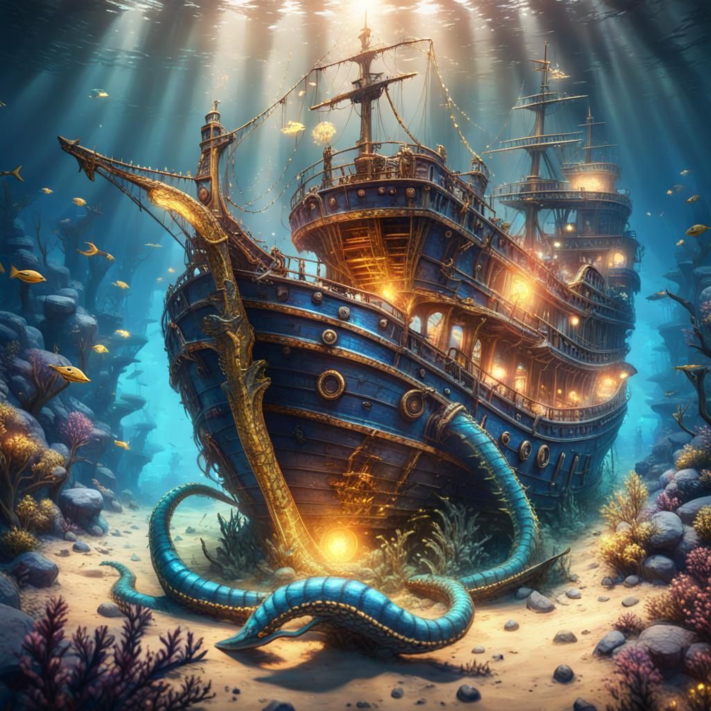 Magical Shipwreck Undersea Fantasy with Sea Serpent