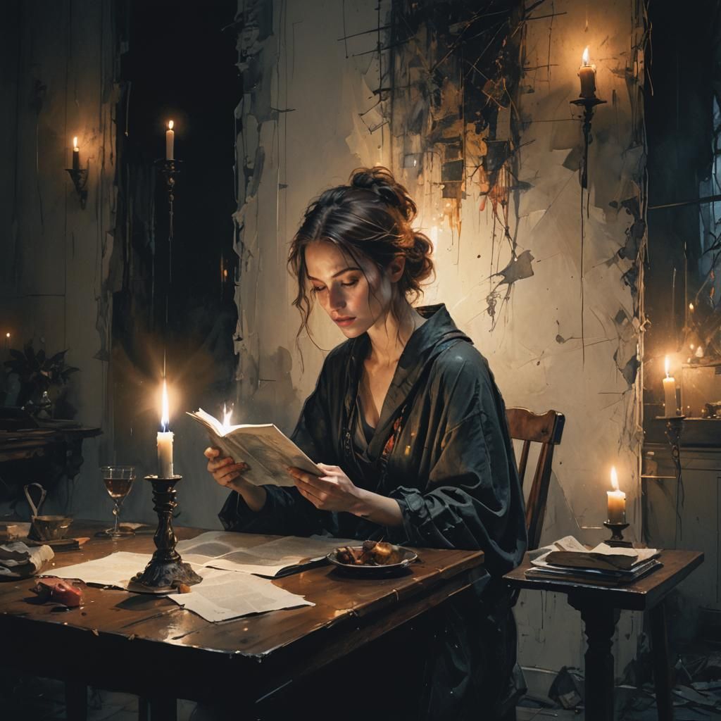 Woman Reading in Candlelight: Surreal Dark Room