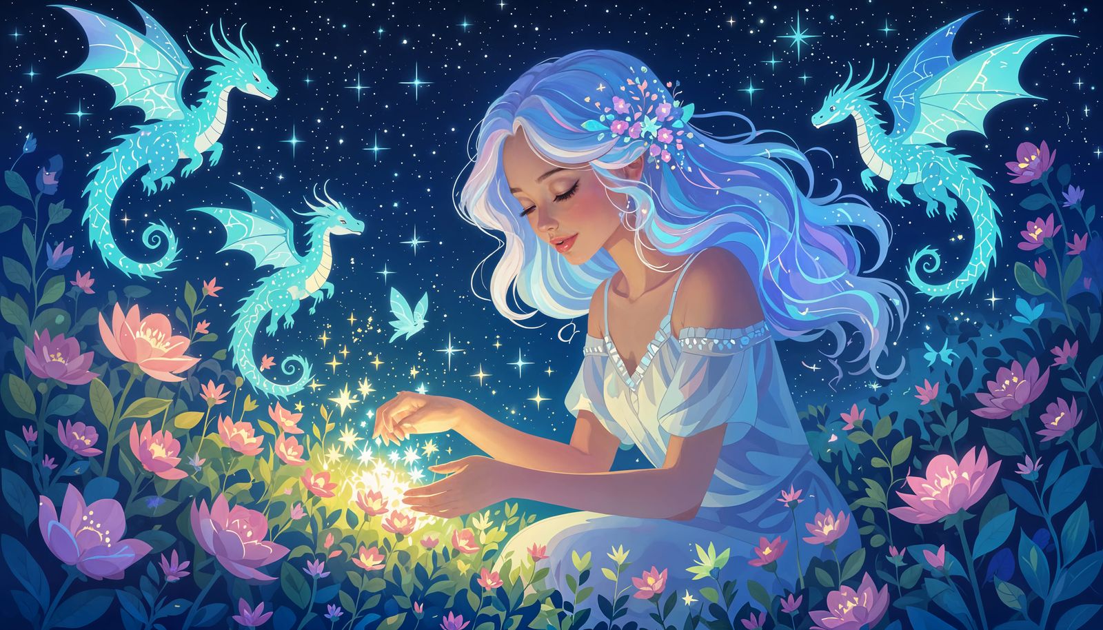 Whimsical Woman Tends Starlit Garden with Bioluminescent Flo...