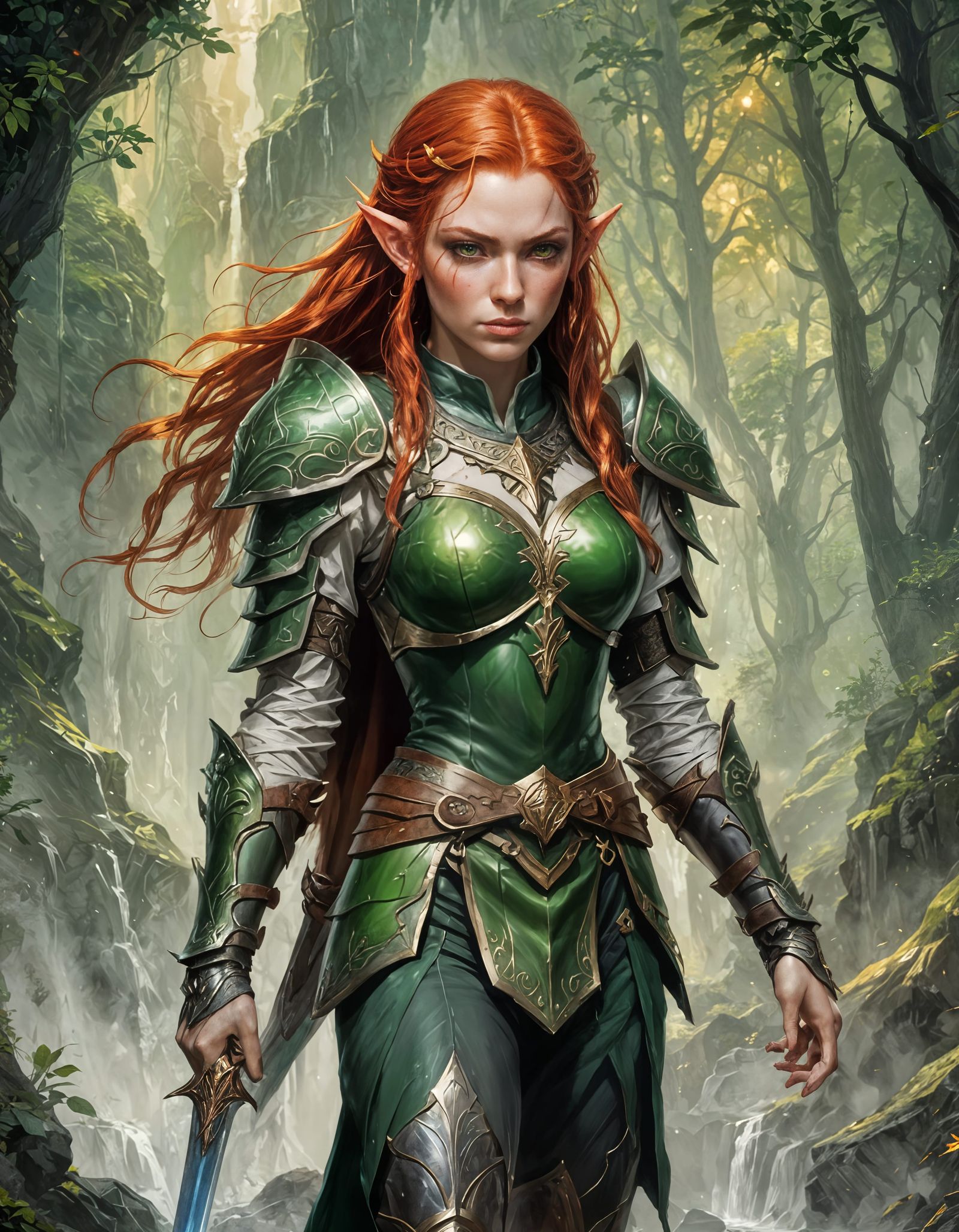 Beautiful female elf warrior with red hair and green eyes.