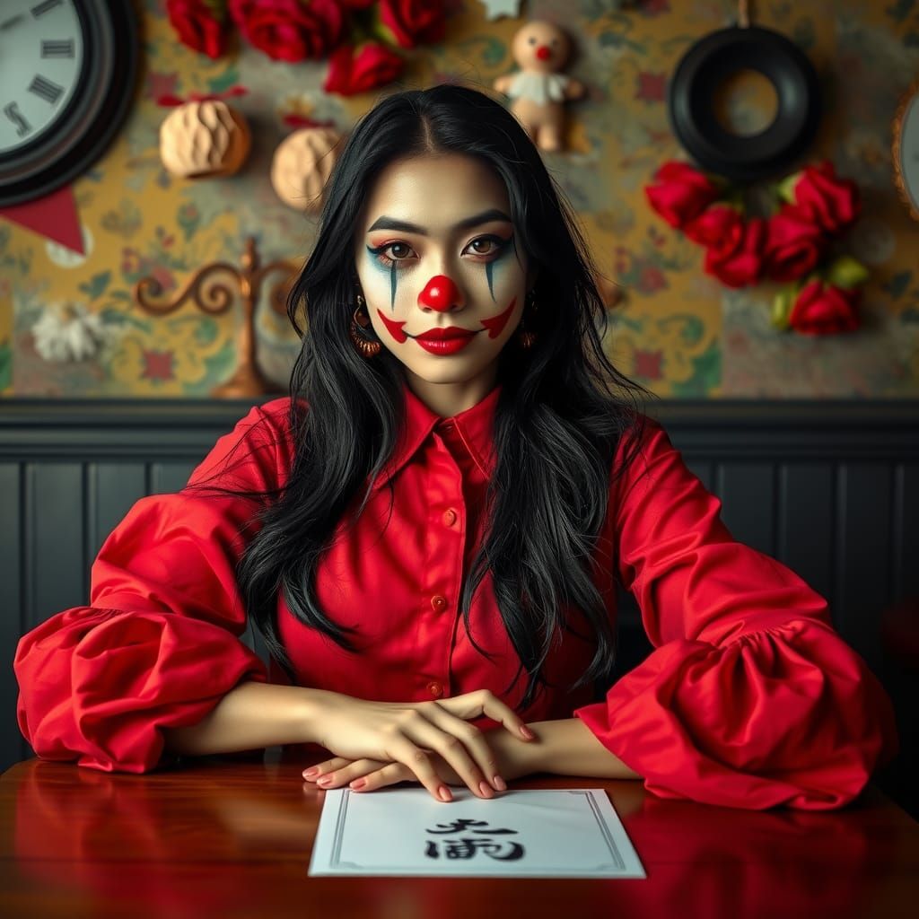 Asian Model as Clown in Hyperrealistic Style