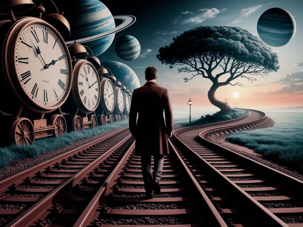 Time Traveler in a Surreal Landscape with Dali-Inspired Elem...