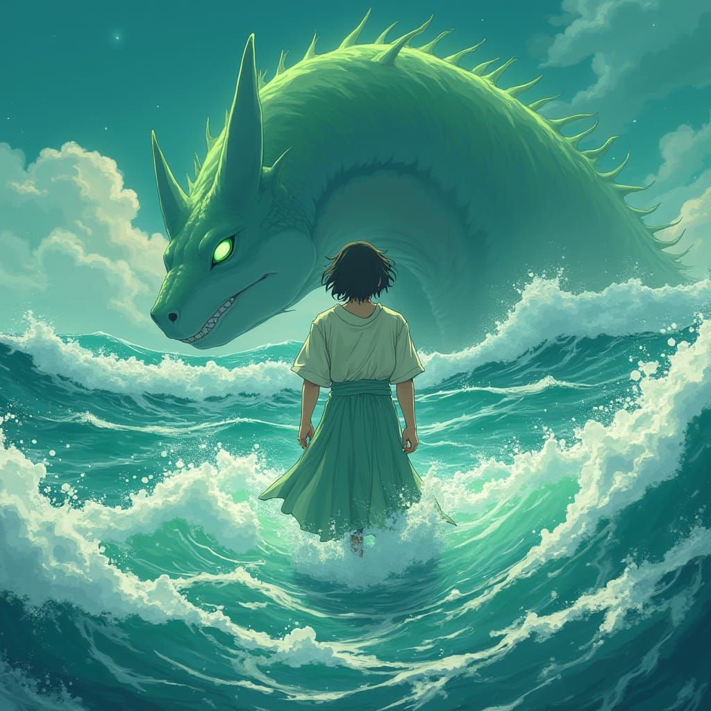 Epic Sea Battle in Ghibli Style with Sword