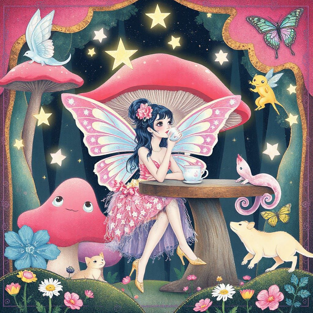 Fairy Fashionista Sips Tea in Magical Mushroom Cafe