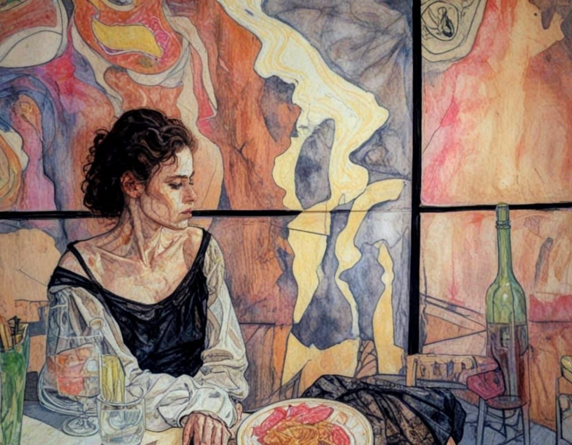 In the style of Egon Schiele, Parisian bar from 1910