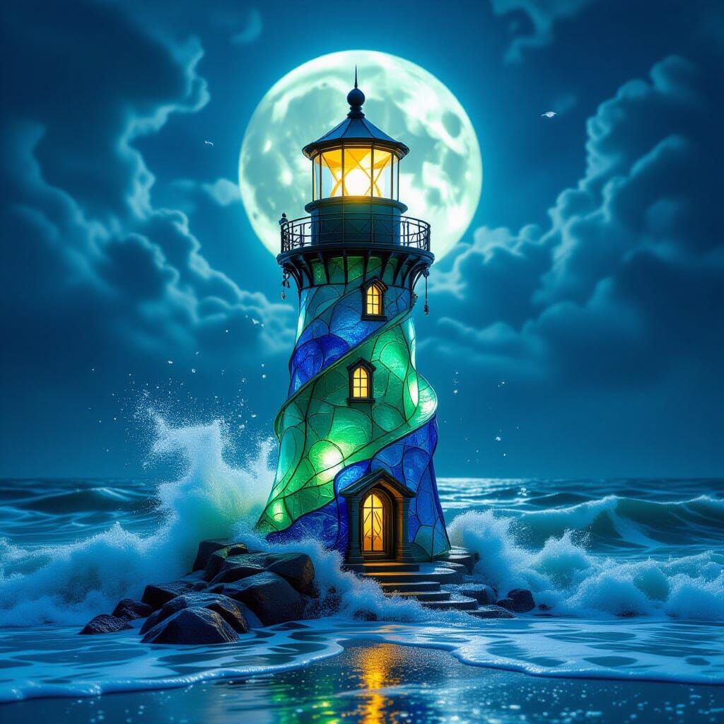 Magical Glass Lighthouse on Stormy Night