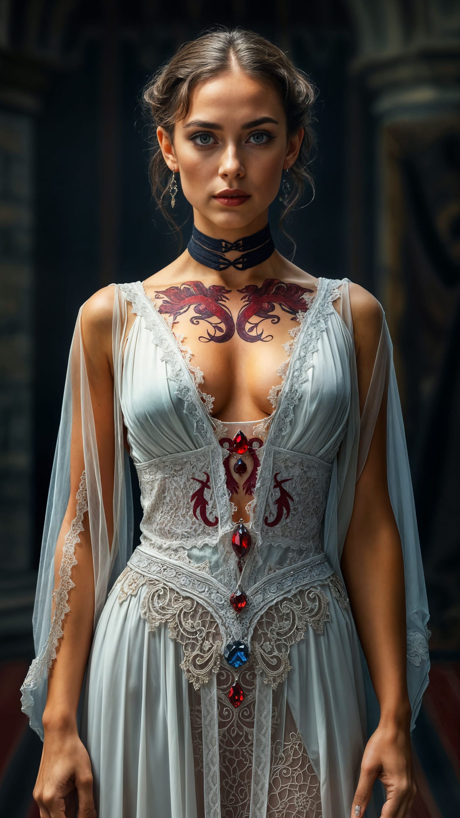 Medieval English Noblewoman with Intricate Dragon Tattoo