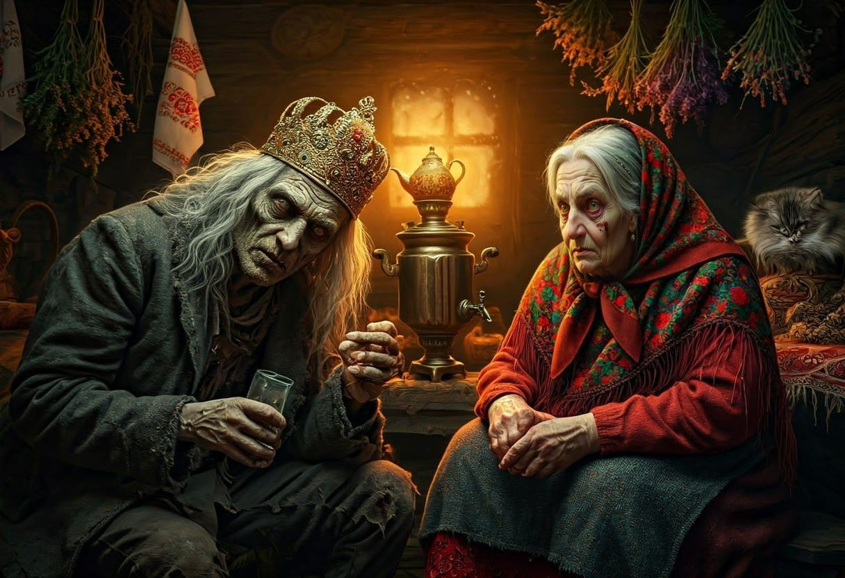 Fanciful Slavic Warlock Regales Baba Yaga with Drunken Tales