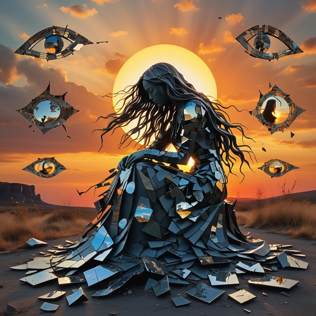 Surreal Fragmented Sculpture of Woman at Sunset