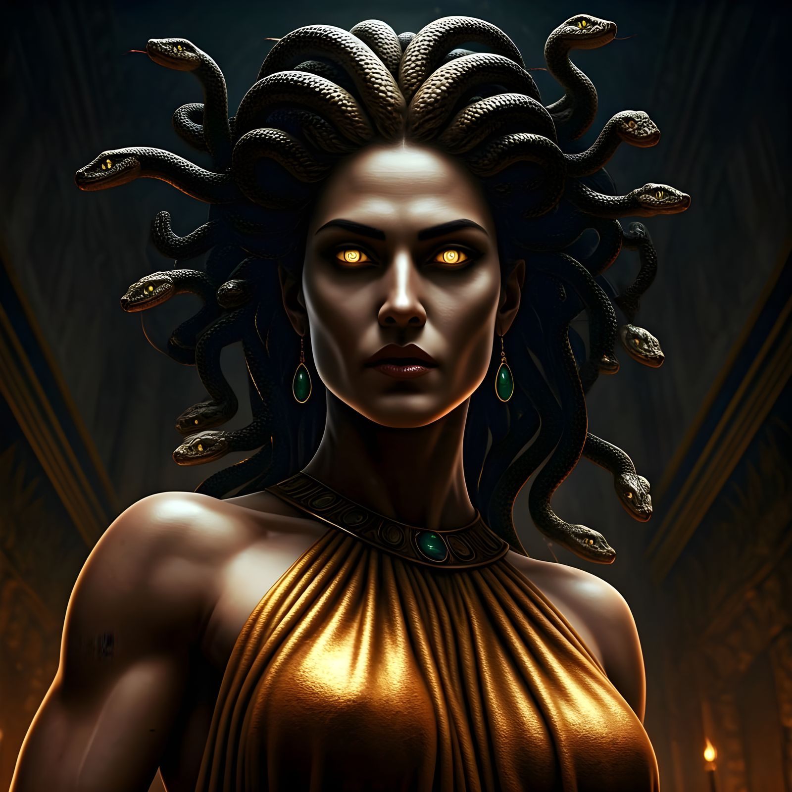 Dramatic Medusa Gaze in Dark Ambient Lighting
