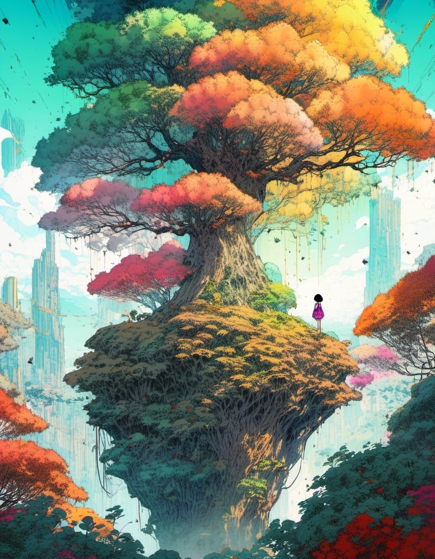 Vibrant Anime Landscape with Tree Figure