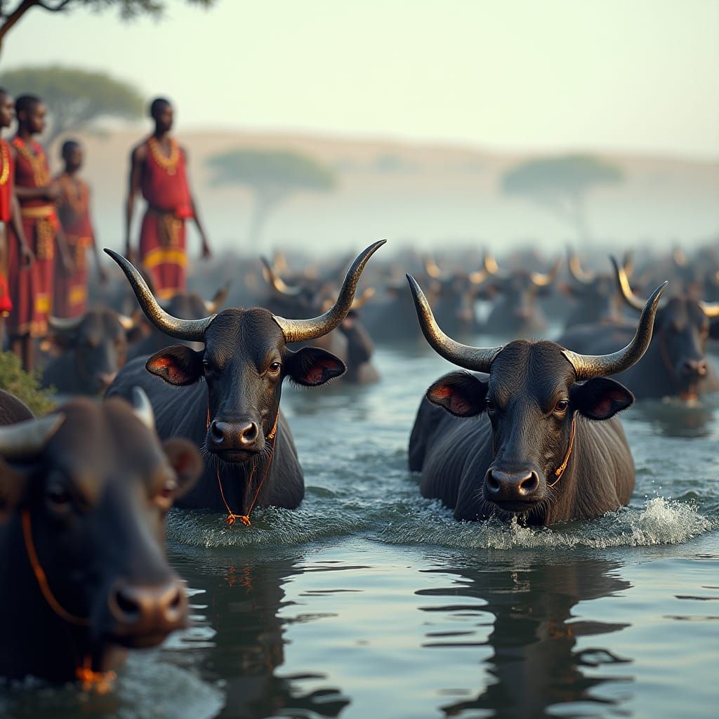 Cattle Emerge from Lake: Maasai Tribe in Awe