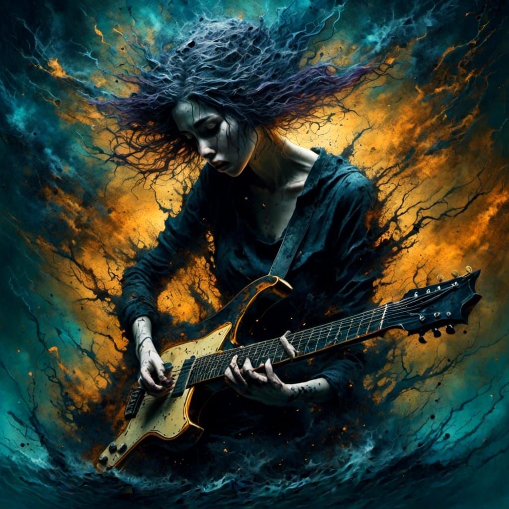 Goth Girl Shreds Guitar in Tsunami, Oil Painting