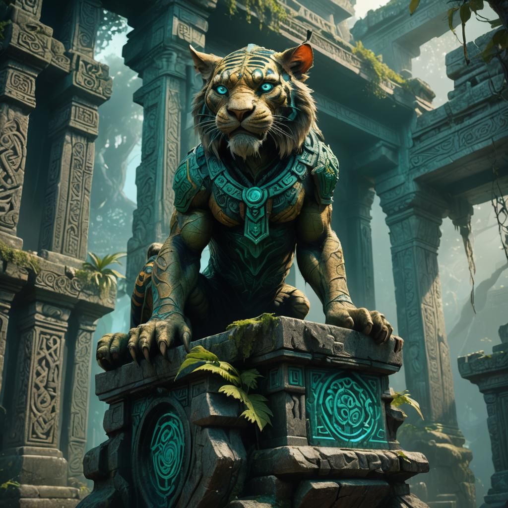 Goblin-Tiger Hybrid on Crumbling Temple Pedestal