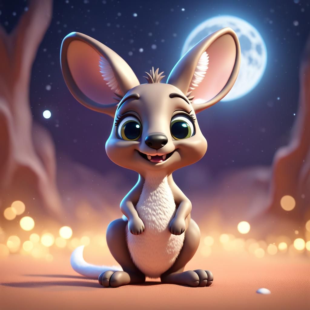 Cute Chibi Kangaroo Under a Full Moon