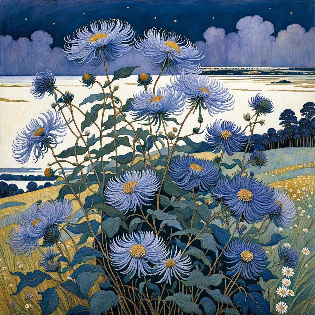 Blue Asters Swaying in Wind, Art Nouveau Style