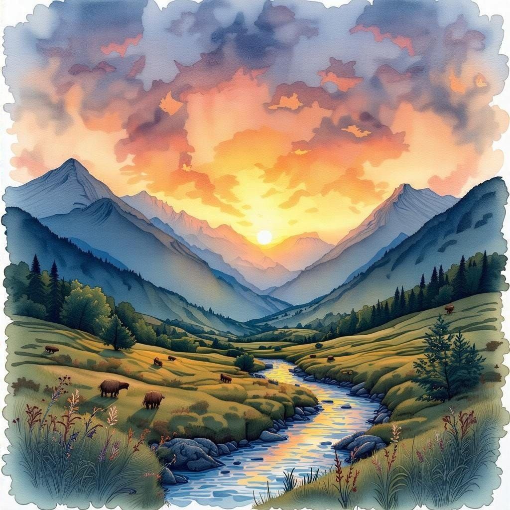 Mountain Valley at Dawn in Watercolor Style