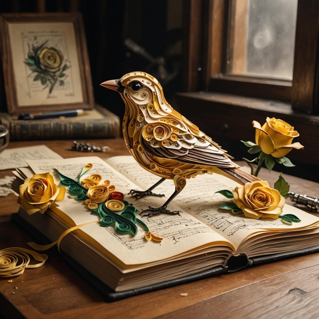 Quilled Singing Bird and Rose on Antique Music Sheet