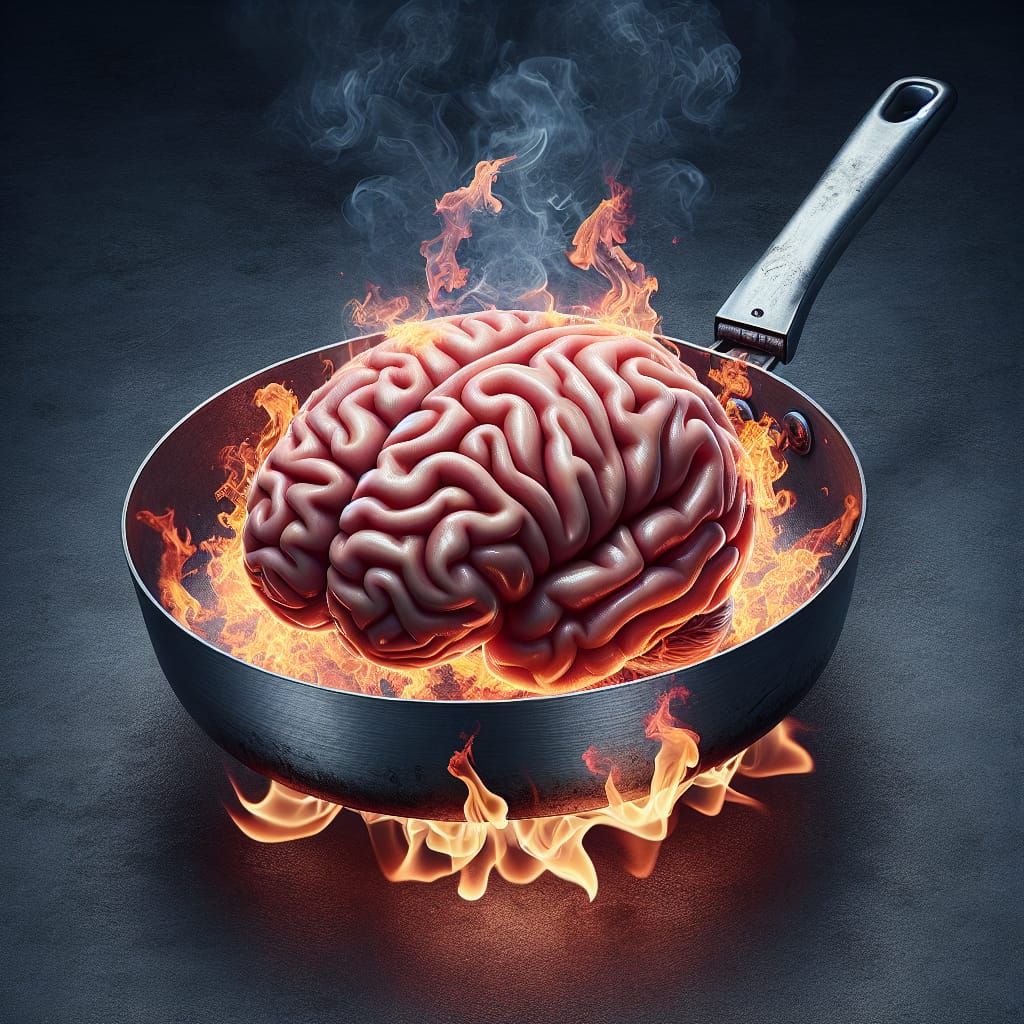a brain, frying pan and flames, caption of " when your brain...