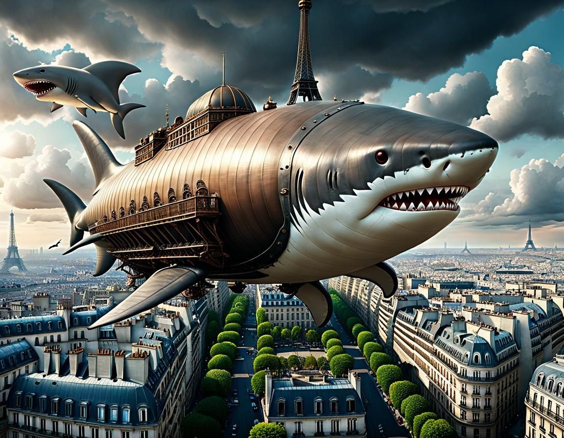 Shark Airship Soars Over Paris: Digital Matte Painting
