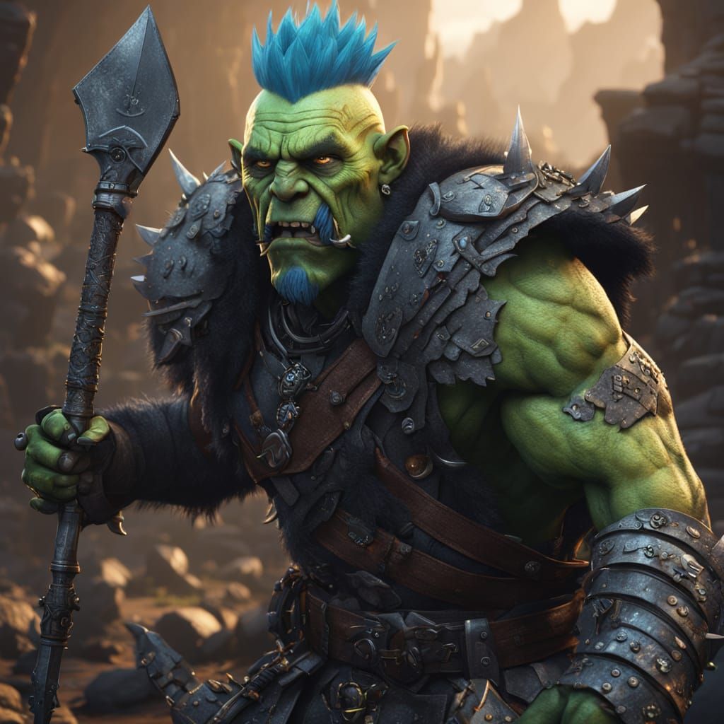 Orc Warrior with Blue Mohawk and Waraxe