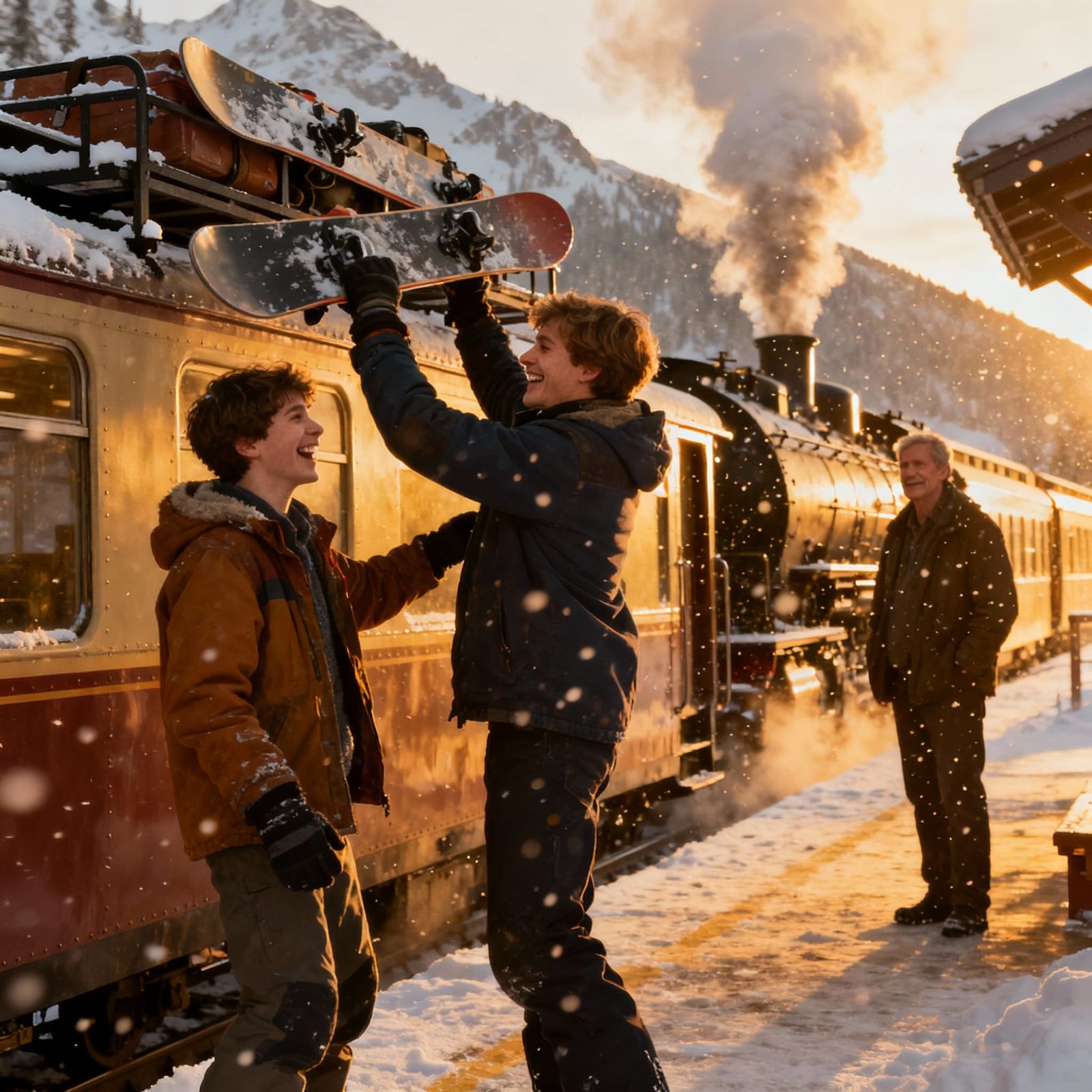 Brothers Reunite at Snowy Mountain Station in Golden Light