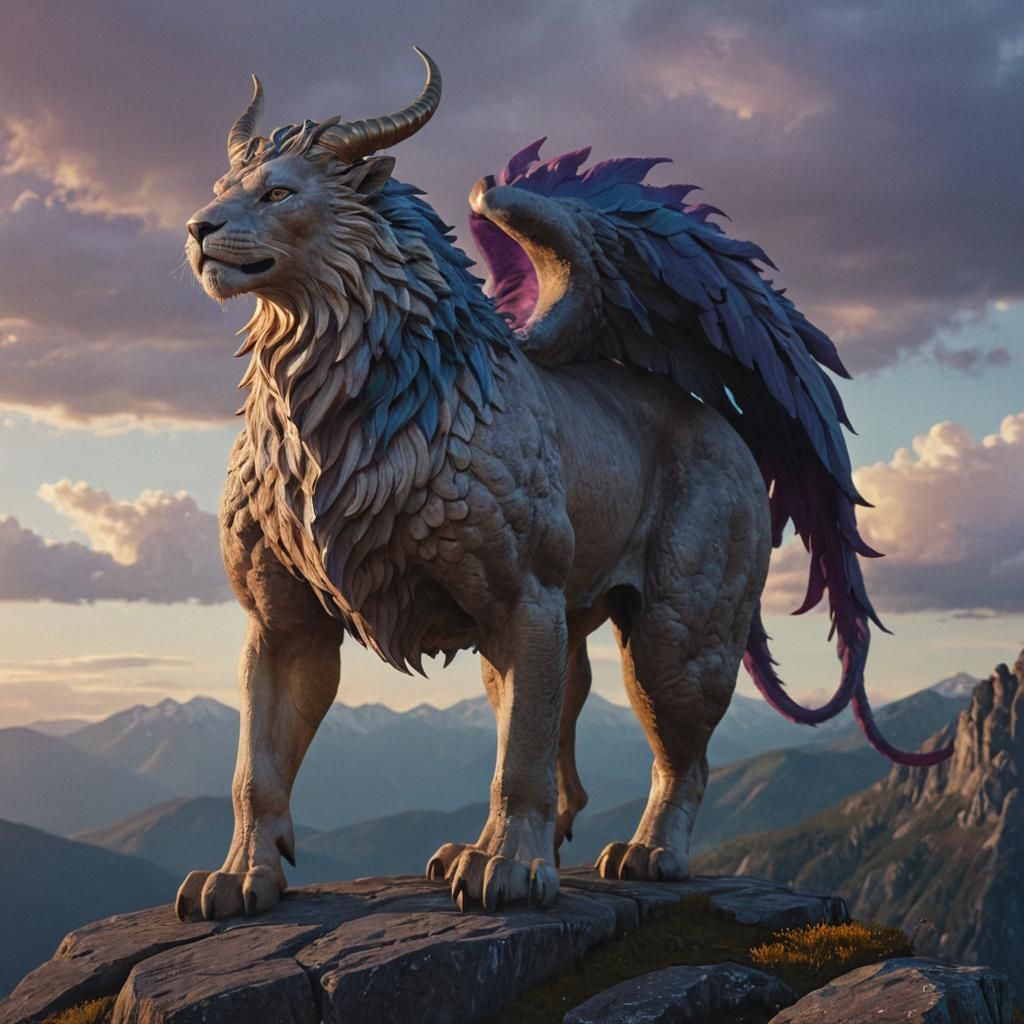 Majestic Mythological Creature on Mountaintop in Oil Paintin...