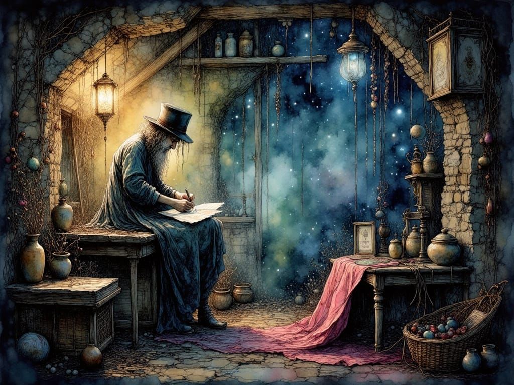 Enigmatic Weaver in Mystical, Dreamlike Landscape