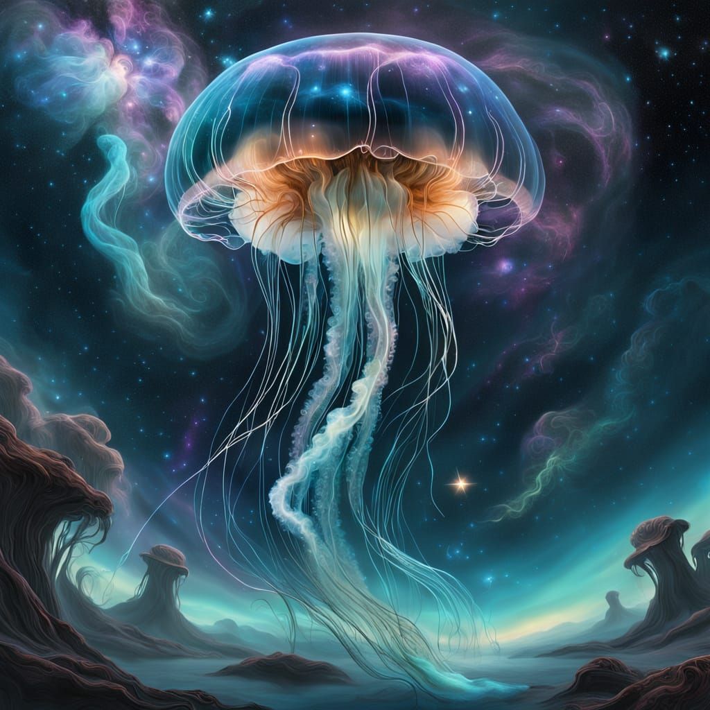 Bioluminescent Jellyfish Drifting Through Nebula as Digital ...