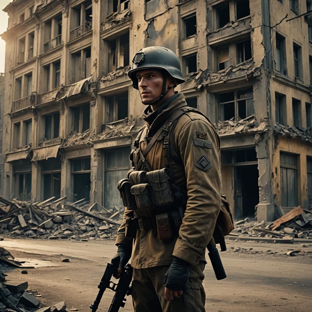 German Soldier in War-Torn City: Digital Matte Painting