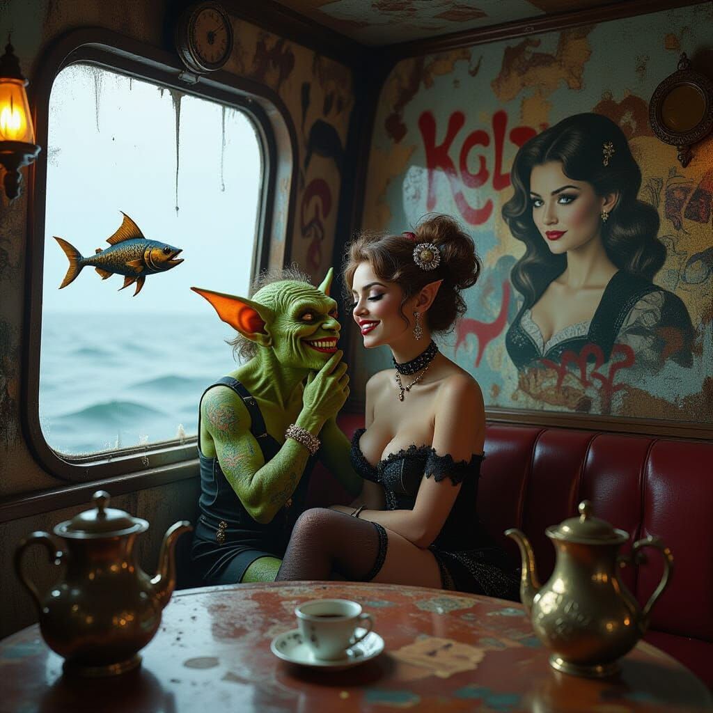 Surreal Steampunk Ship Cafe with Goblin and Venus