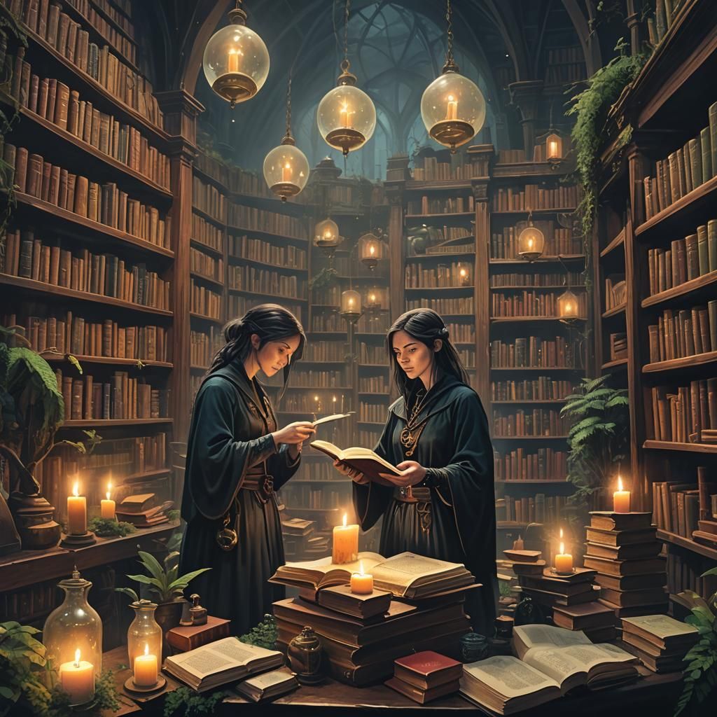 Sorceress Brews Potion in Gothic Library