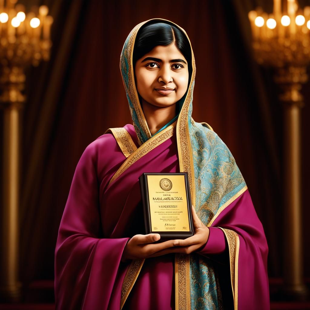 a powerful image depicting Malala Yousafzai receiving the Nobel Peace Prize for her fearless advocacy of girls' educatio...