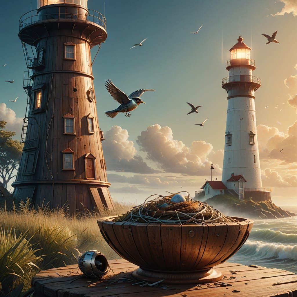 Science Fiction Rocketship Near Lighthouse Digital Art