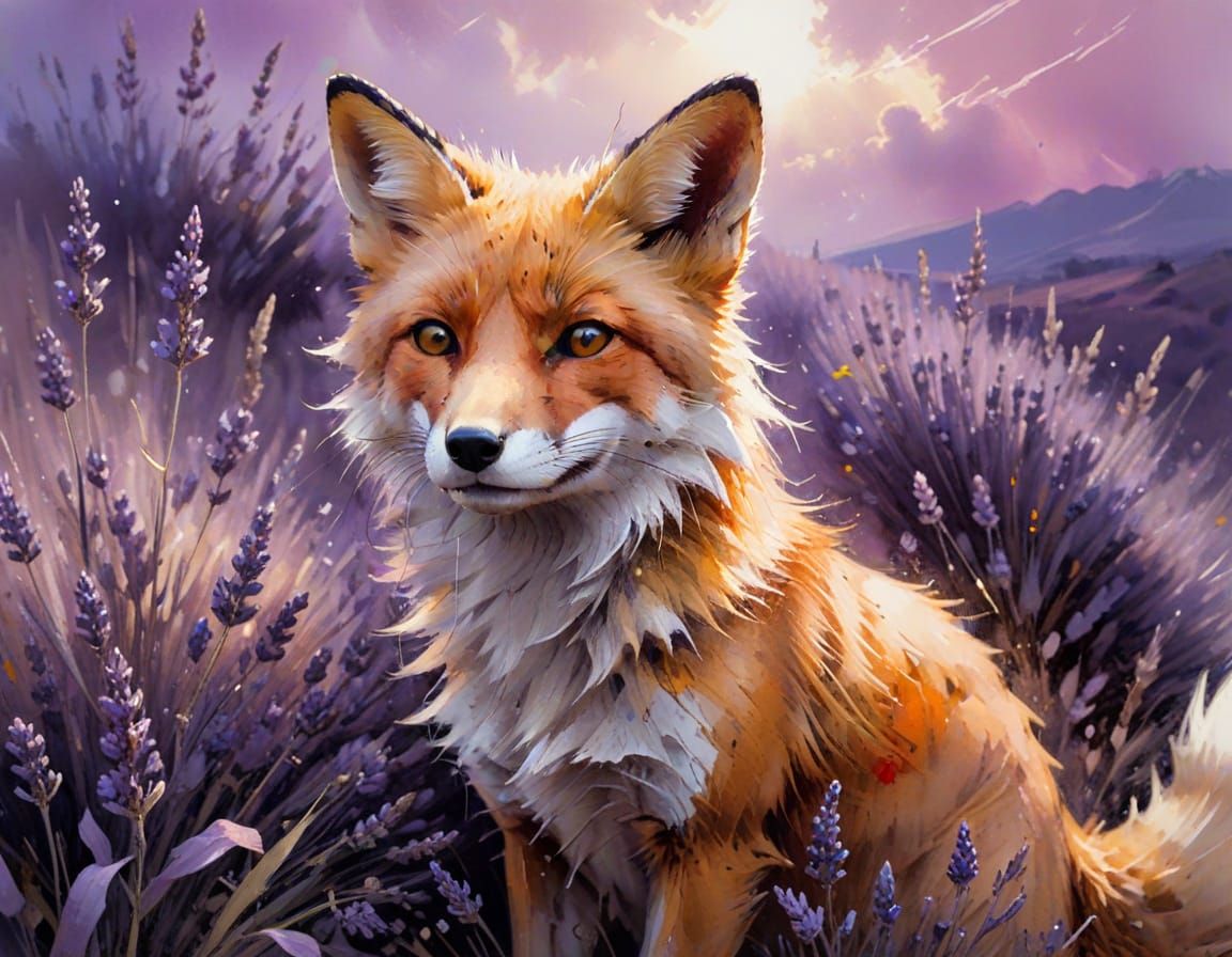 Golden Fox in Lavender Field: Neo-Impressionist Oil Painting