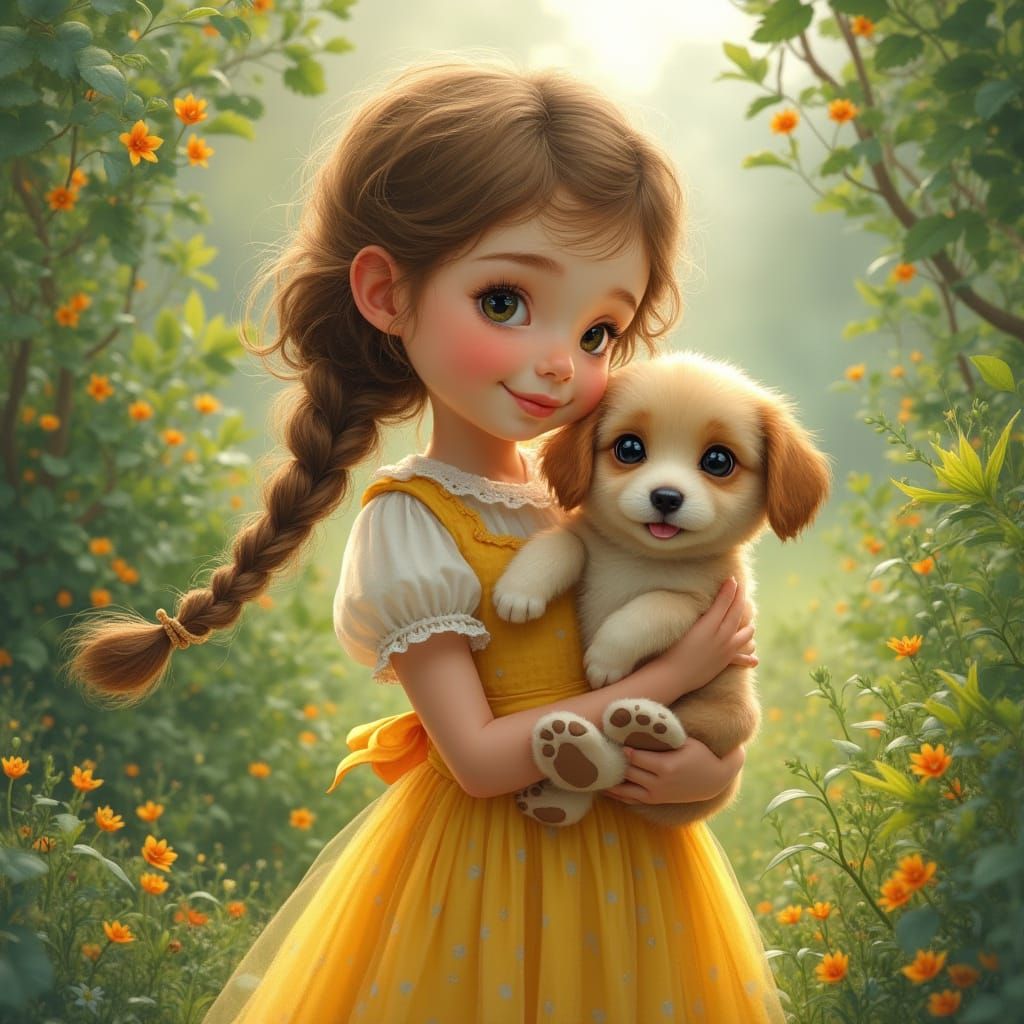 Girl with Puppy in Whimsical Art Style