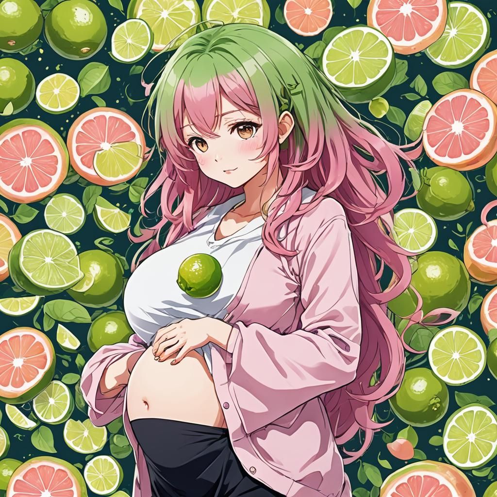 Pregnant Anime Character with Lime Pink Hair