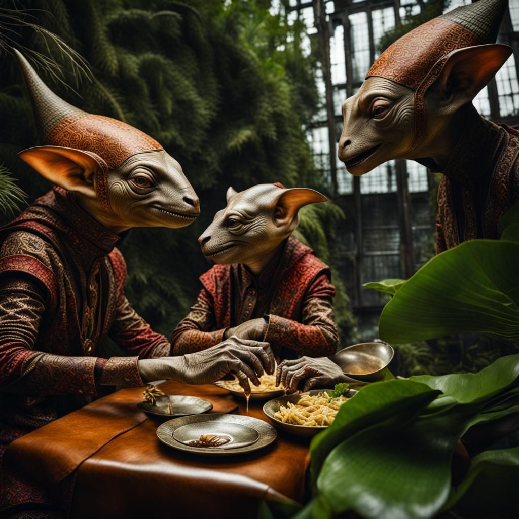 Surreal Alien Restaurant Celebration in Contre-Jour Style