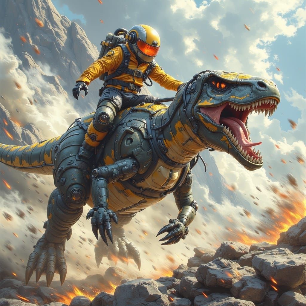 Jurassicpunk Man Rides a Cyborg T-Rex Comic Poster