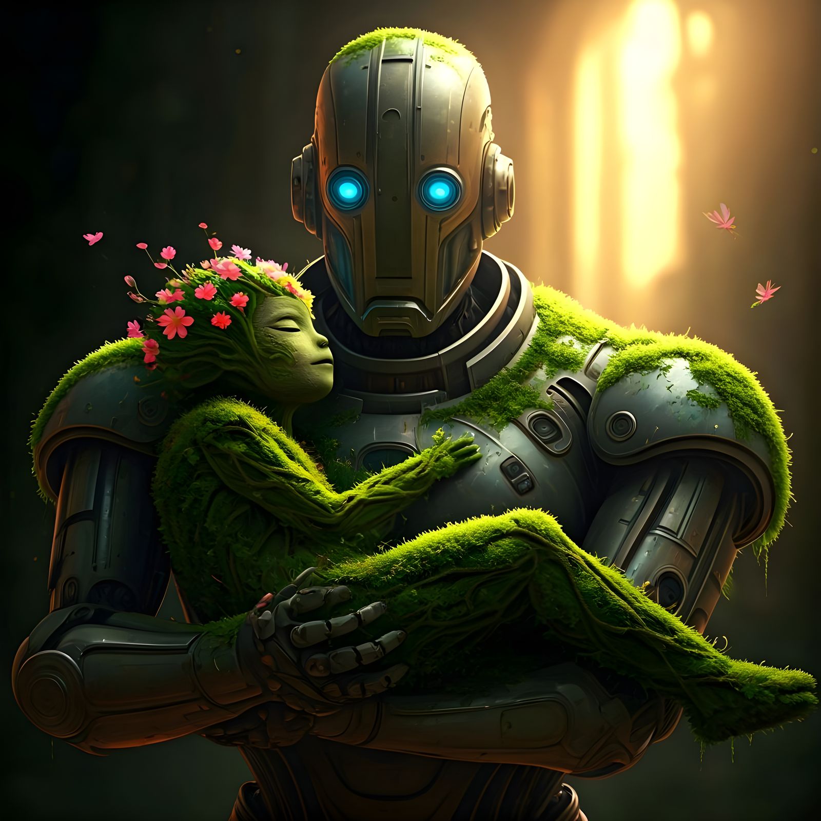 Nature Spirit Held by Robot Under Epic Lighting