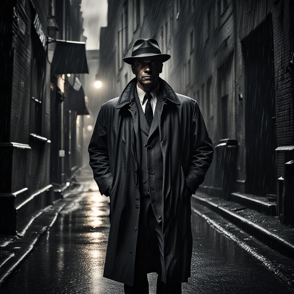 Noir Detective in Rainy Alley: Cinematic Still