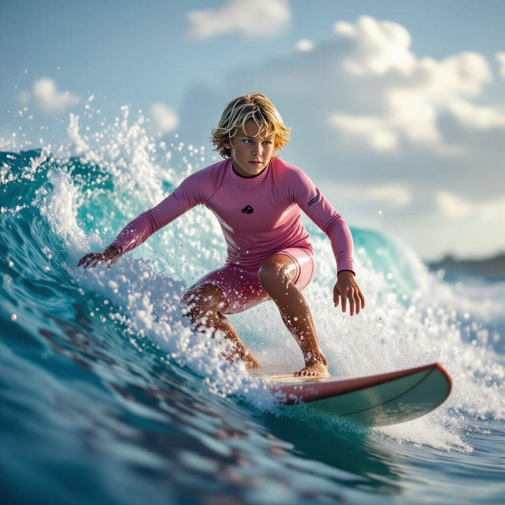 Blond Surfer Boy Rides the Waves: Hyperrealistic HDR Image
