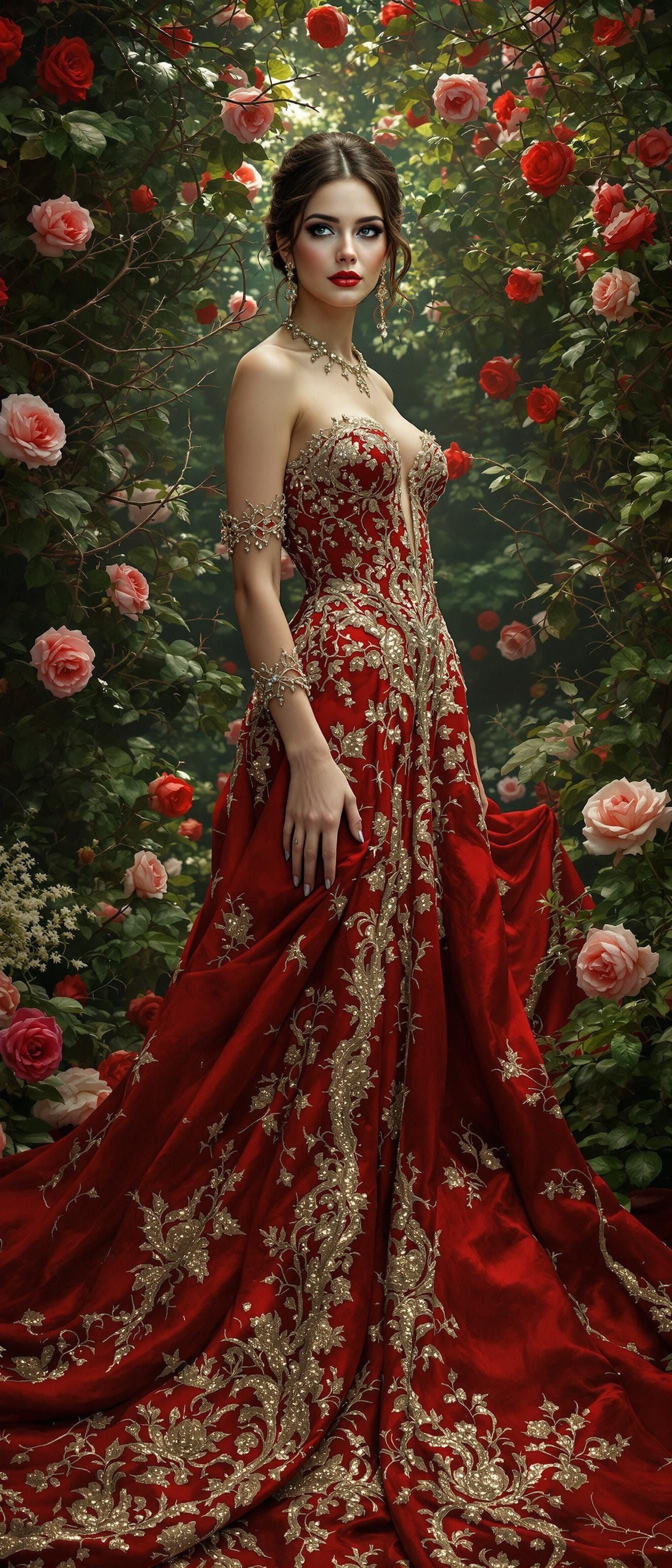 Ethereal Woman in Lavish Red Silk Gown Amidst Enchanted Gard...